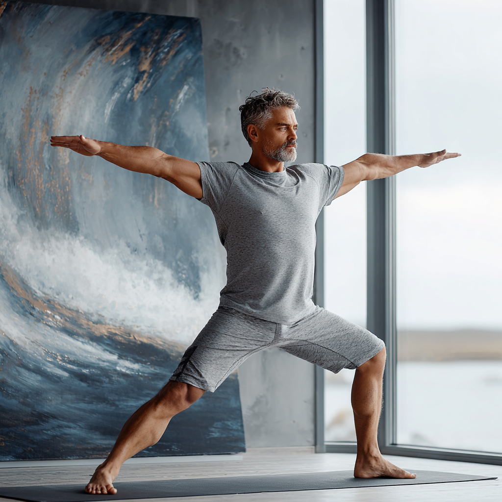 Чоловік 58 років в спортивному одязі стоїть в позі воїна в йога студії з великими вікнами
