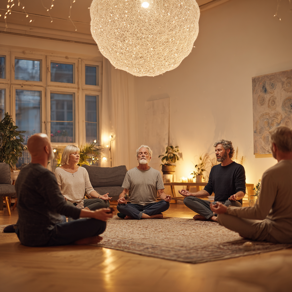 Група людей віком 50-60 років медитує сидячи в колі в затишній йога студії