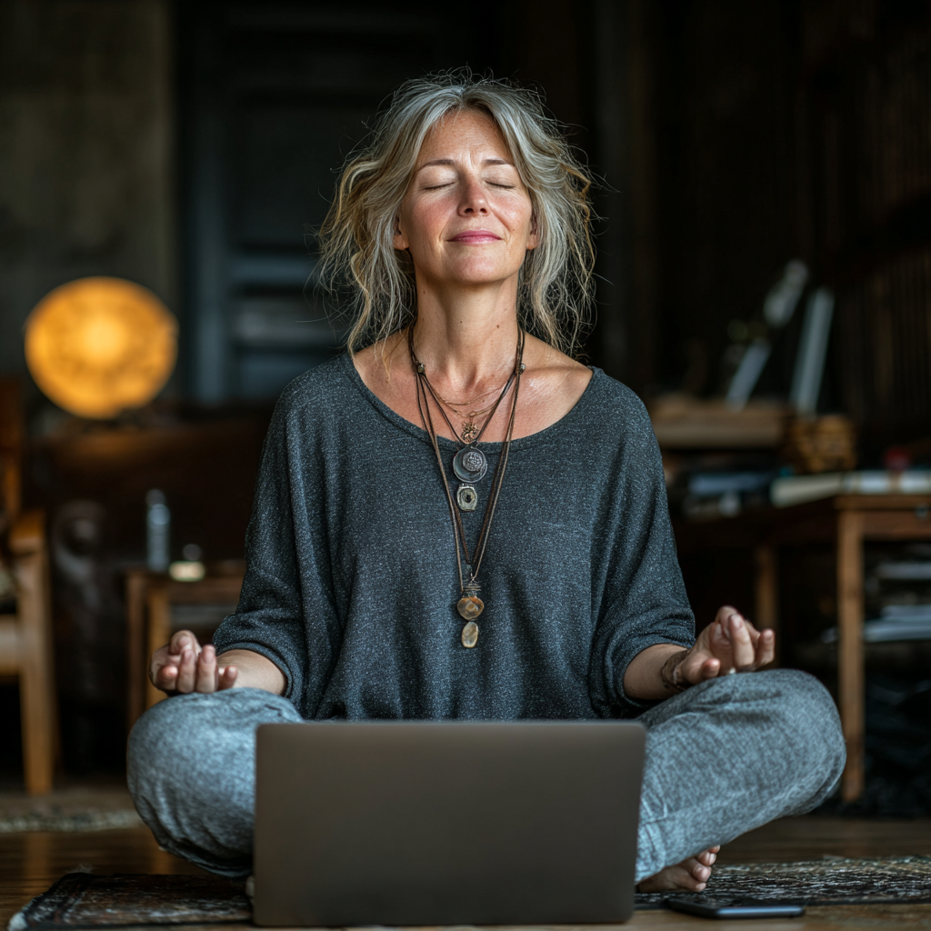 Жінка 52 років практикує йогу вдома перед ноутбуком, онлайн заняття