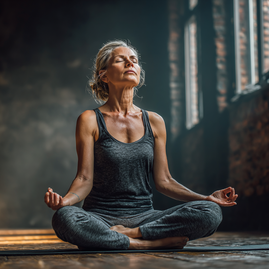 Жінка 55 років виконує асану в йоґа студії, медитує в позі лотоса